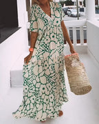 Robe d'été imprimée col V femme, coupe ample, manches courtes, vert