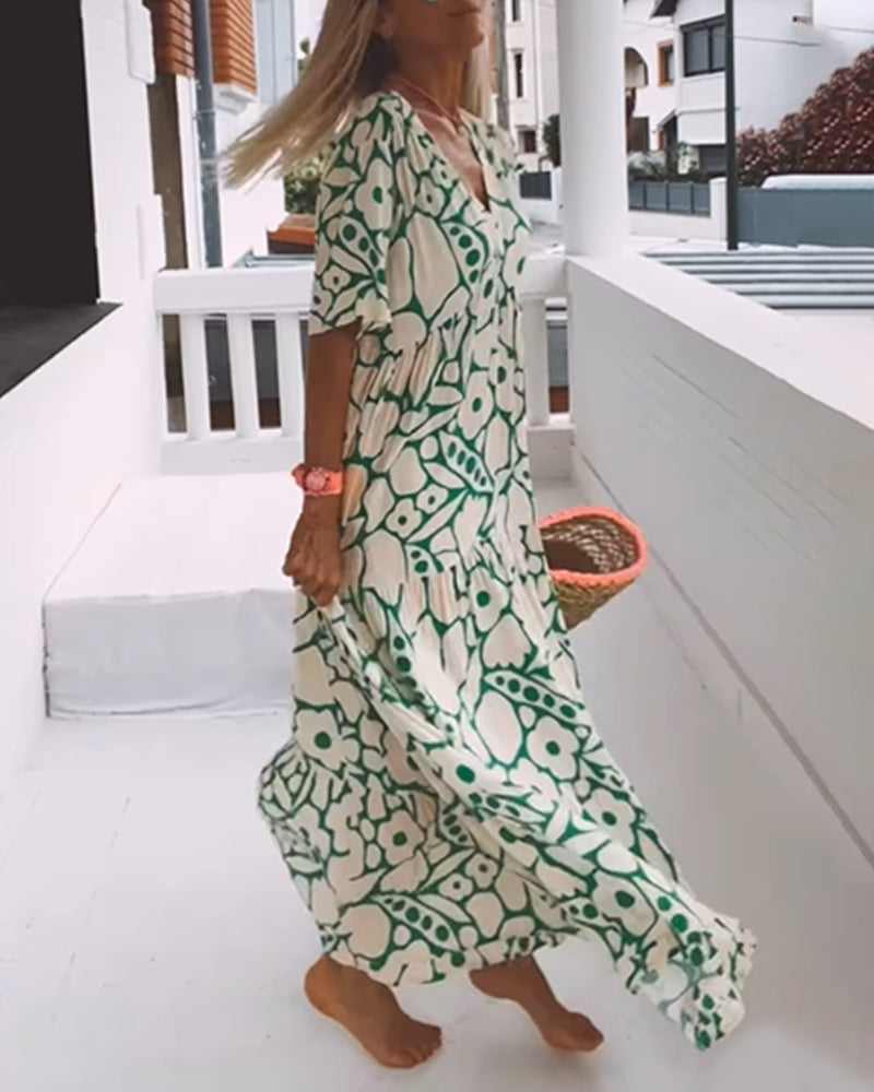 Robe d'été imprimée col V femme, coupe ample, manches courtes