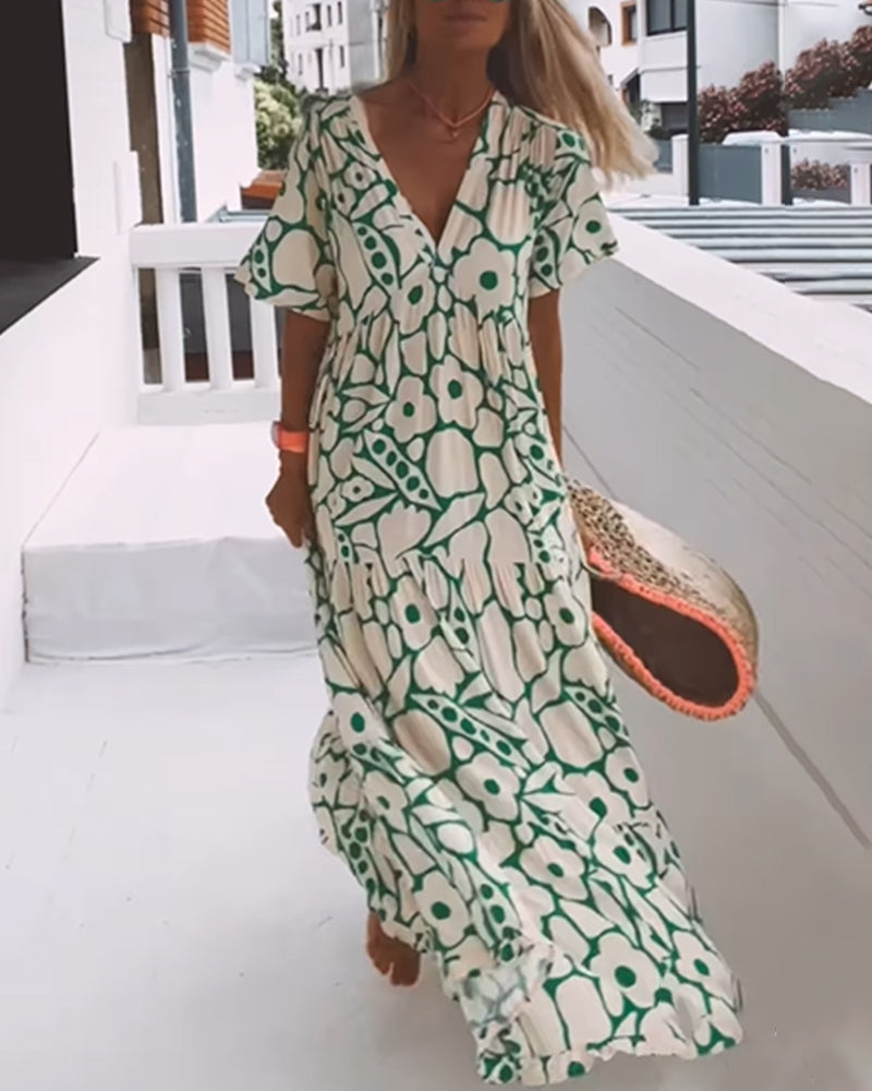 Robe d'été imprimée col V femme, coupe ample, manches courtes