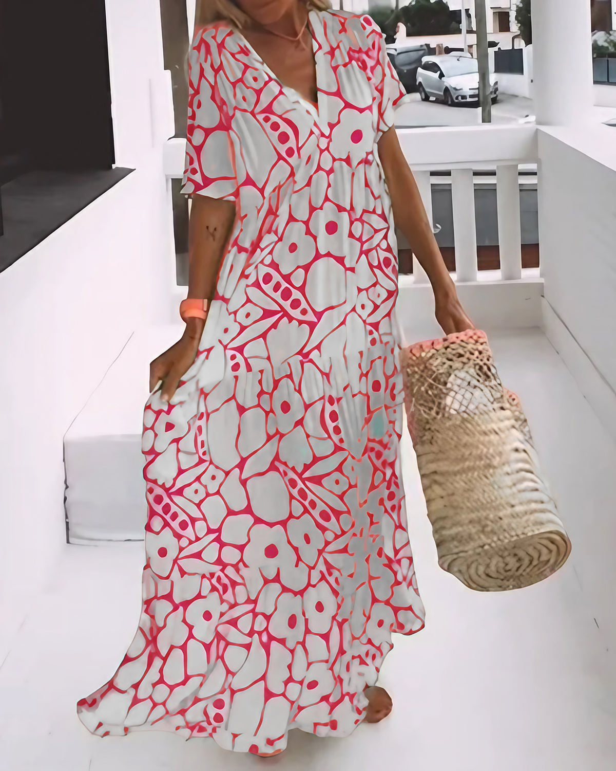 Robe d'été imprimée col V femme, coupe ample, manches courtes, rose
