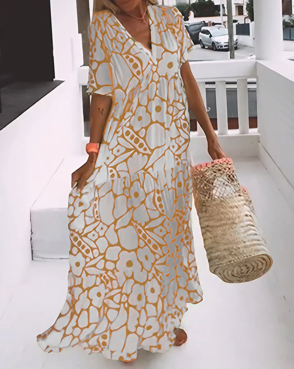 Robe d'été imprimée col V femme, coupe ample, manches courtes, jaune