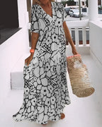 Robe d'été imprimée col V femme, coupe ample, manches courtes, noir