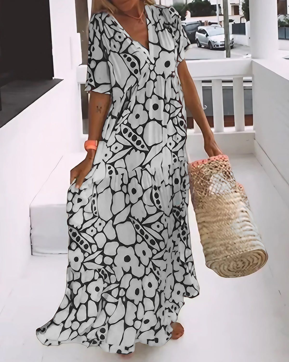 Robe d'été imprimée col V femme, coupe ample, manches courtes, noir