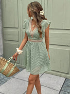 Robe d'été courte femme à bordures crochetées, col V, vert