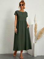 Robe d'été femme à manches courtes, coupe fluide, dix coloris, vert armée