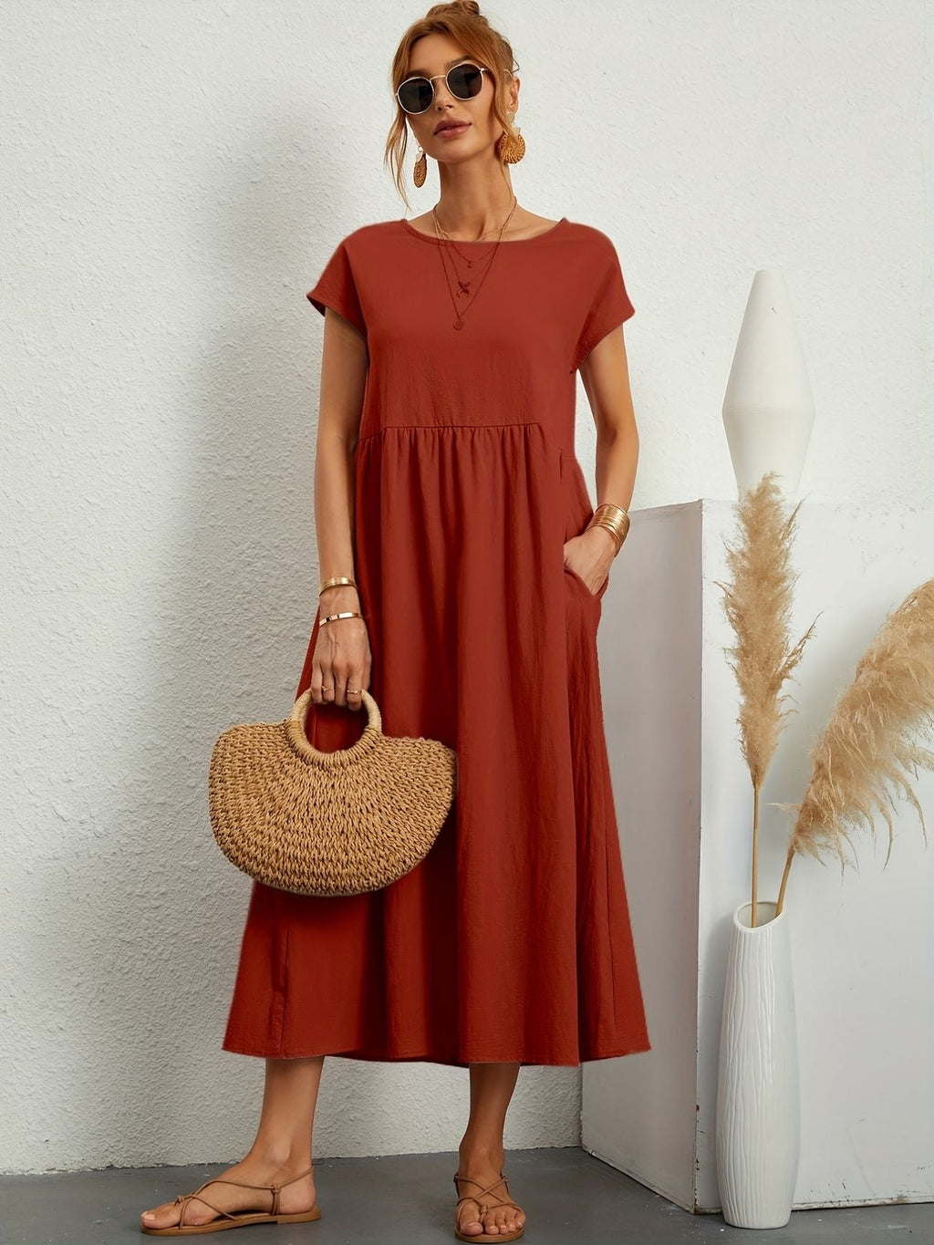 Robe d'été femme à manches courtes, coupe fluide, dix coloris