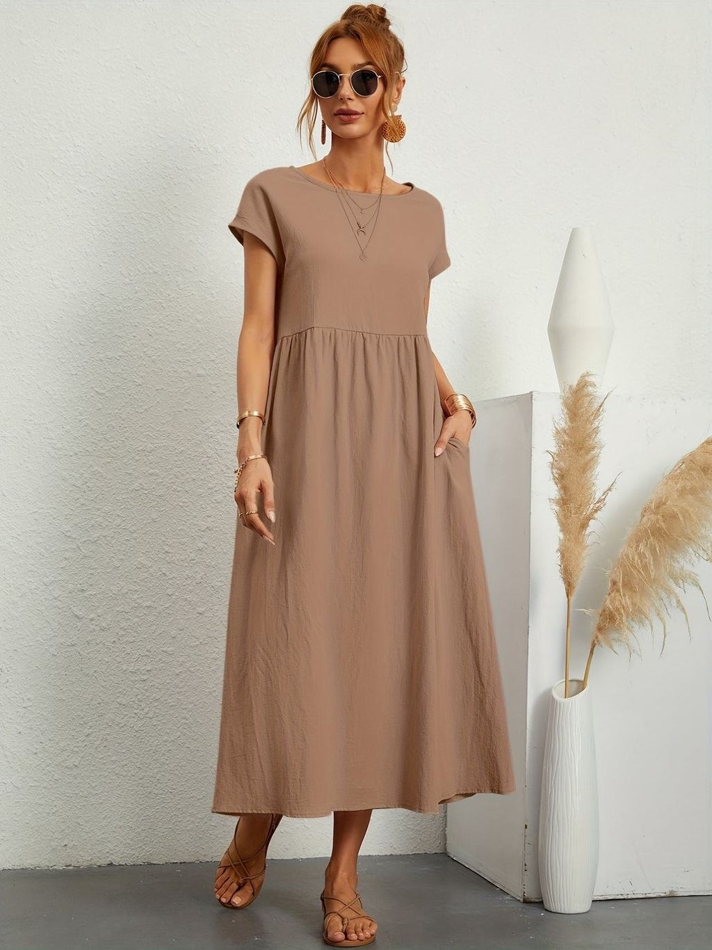 Robe d'été femme à manches courtes, coupe fluide, dix coloris, kaki