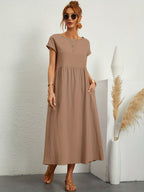 Robe d'été femme à manches courtes, coupe fluide, dix coloris, kaki