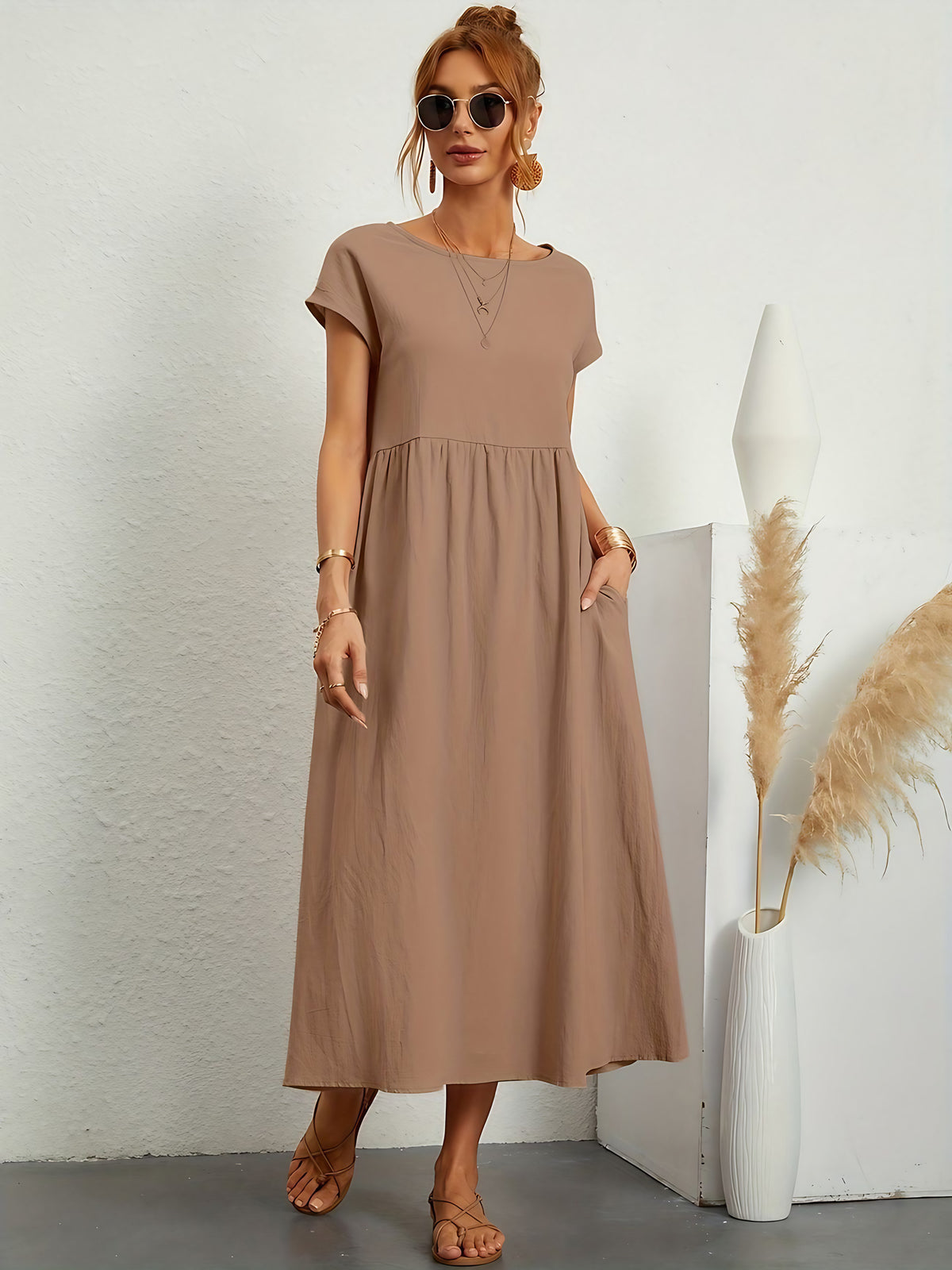 Robe d'été femme à manches courtes, coupe fluide, dix coloris, kaki