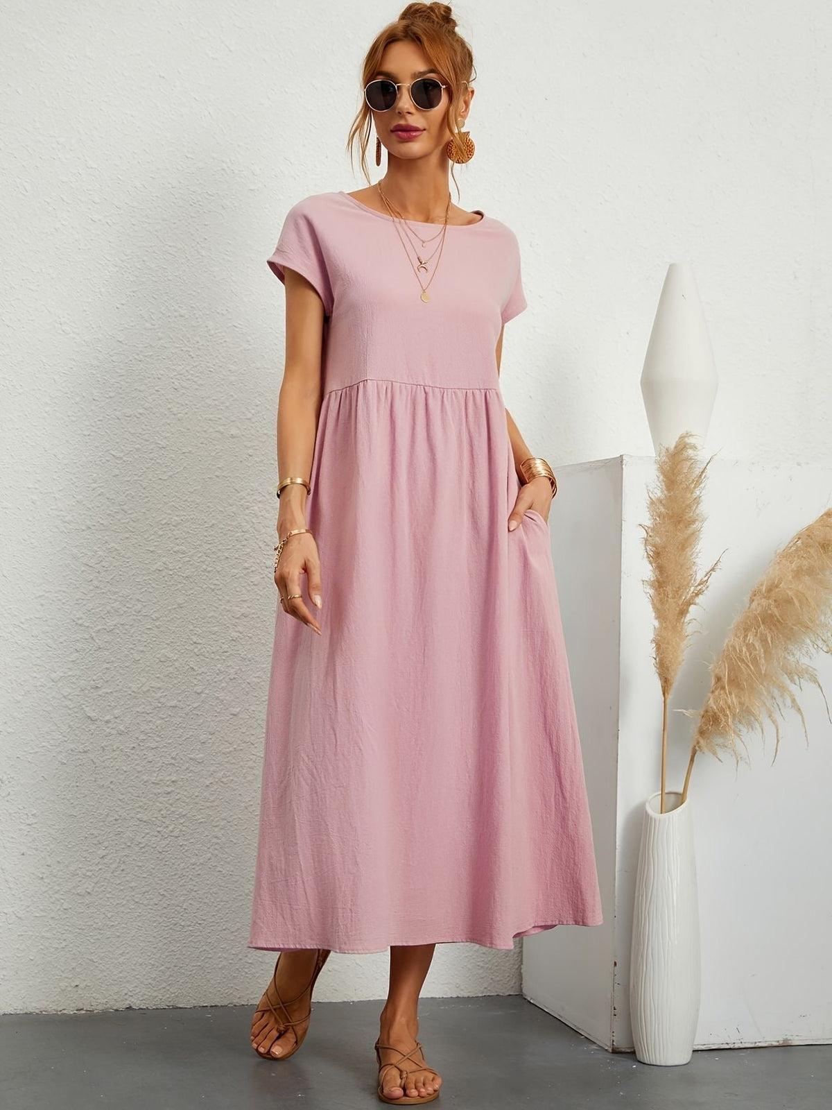 Robe d'été femme à manches courtes, coupe fluide, dix coloris, rose clair