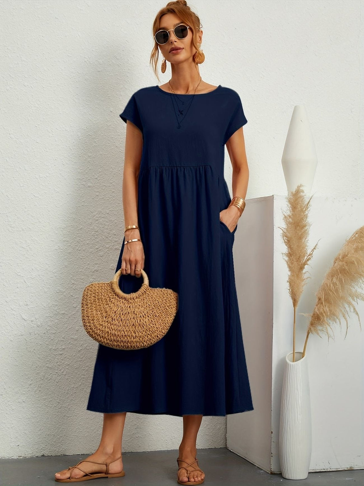 Robe d'été femme à manches courtes, coupe fluide, dix coloris
