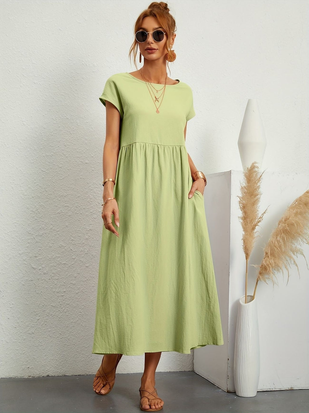 Robe d'été femme à manches courtes, coupe fluide, dix coloris, menthe