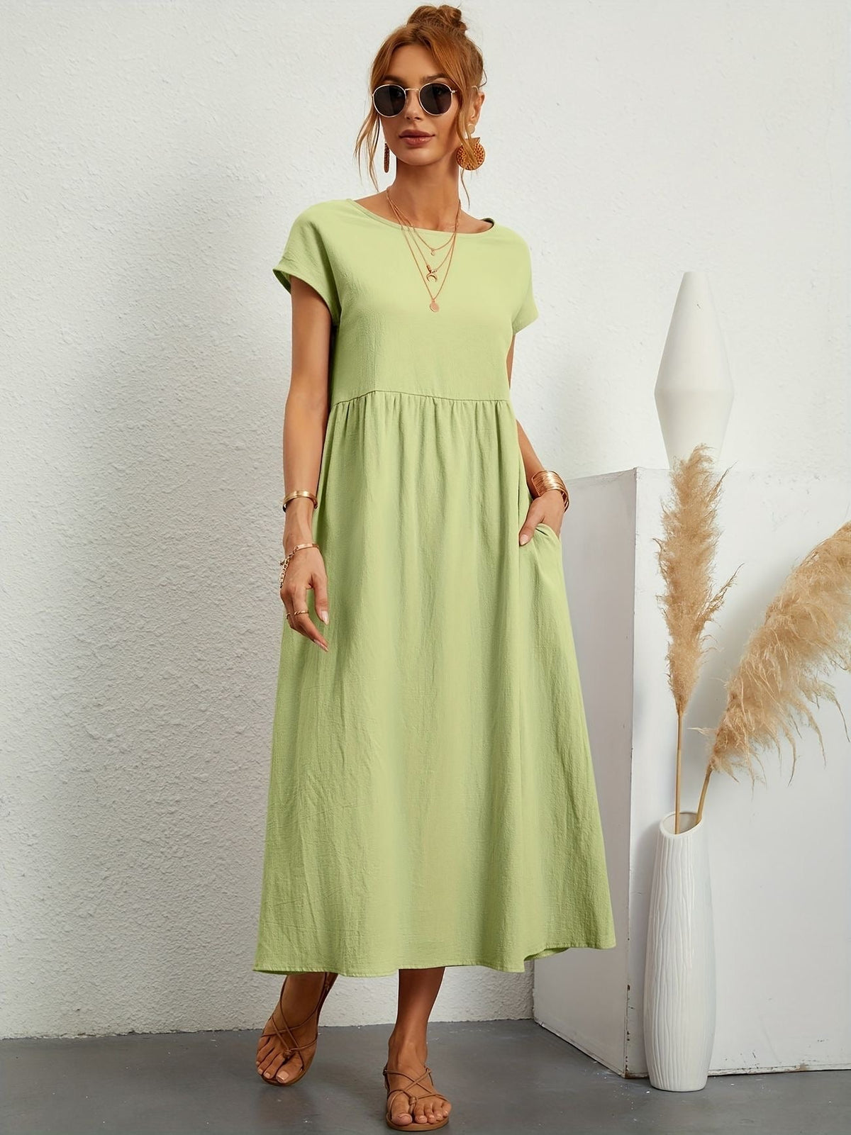 Robe d'été femme à manches courtes, coupe fluide, dix coloris, menthe