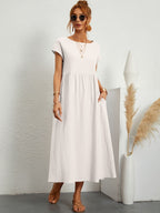 Robe d'été femme à manches courtes, coupe fluide, dix coloris, blanc