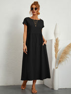 Robe d'été femme à manches courtes, coupe fluide, dix coloris, noir