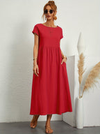 Robe d'été femme à manches courtes, coupe fluide, dix coloris, rouge