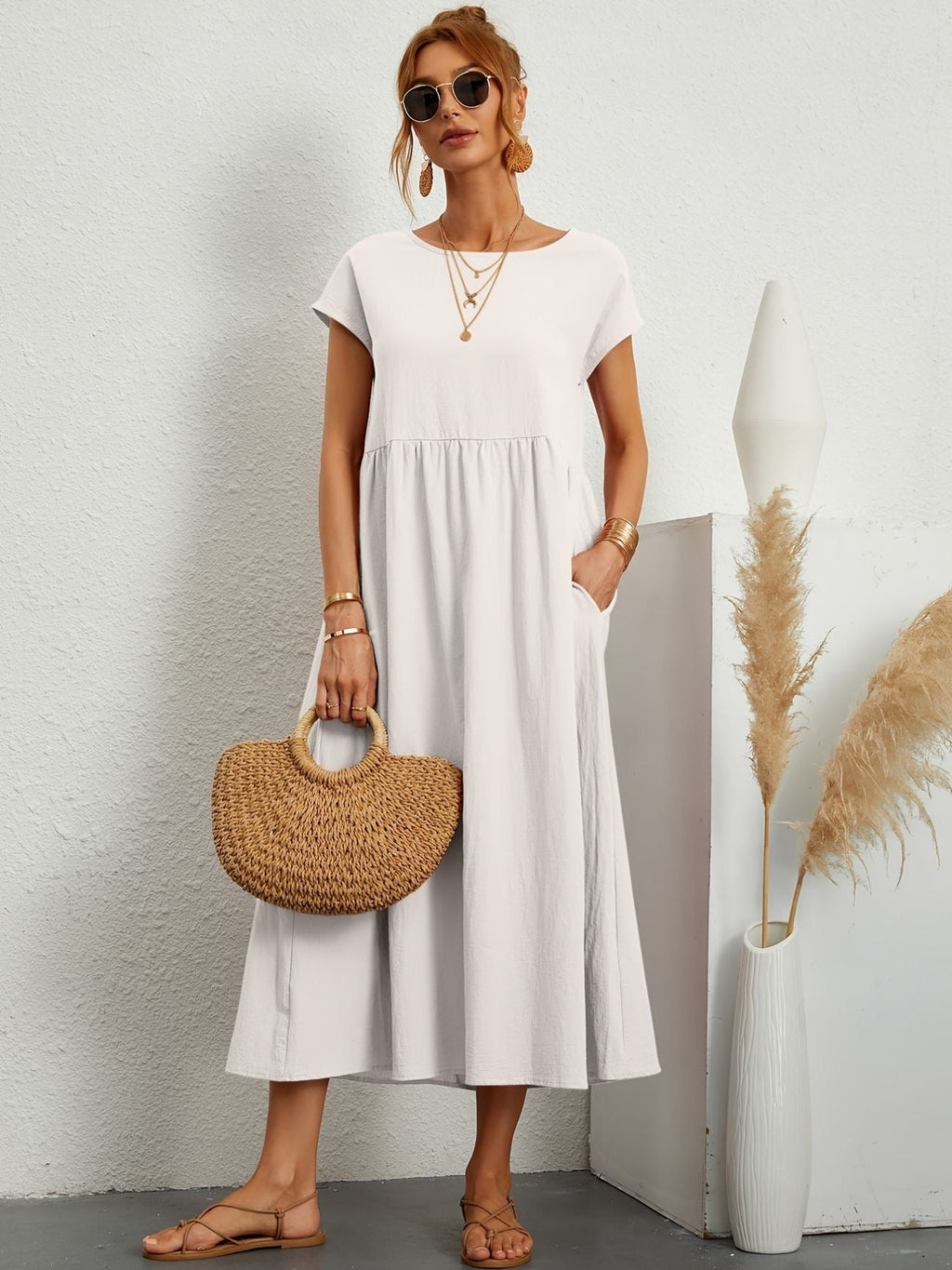 Robe d'été femme à manches courtes, coupe fluide, dix coloris