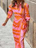 Robe d'été femme col V ceinturée à la taille, manches courtes, orange et rose