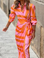 Robe d'été femme col V ceinturée à la taille, manches courtes, orange et rose