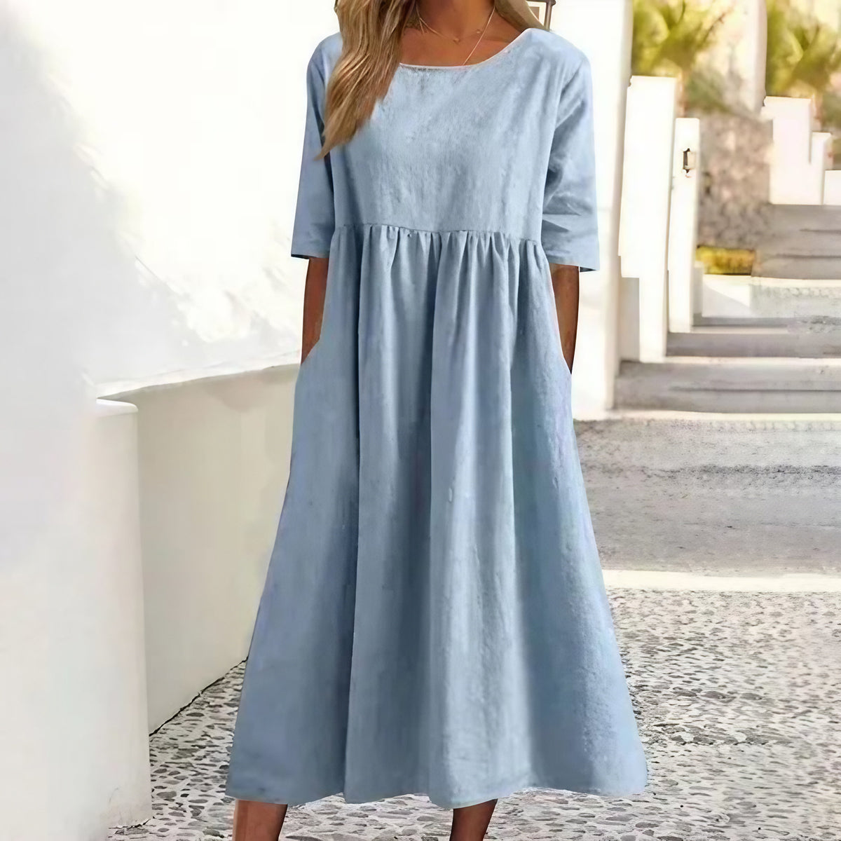 Robe d'été femme coupe ample, manches courtes, du S au 5XL, bleu clair