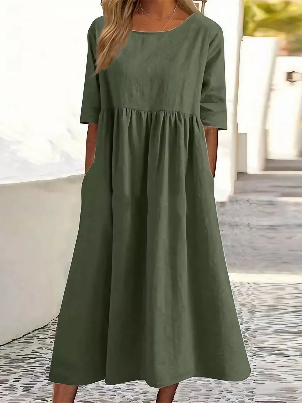 Robe d'été femme coupe ample, manches courtes, du S au 5XL, vert armée