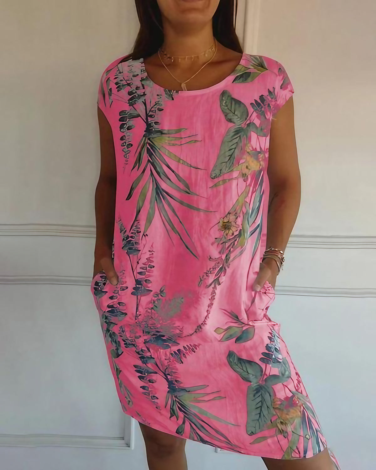 Robe d'été sans manches femme, coupe fluide, neuf coloris, rose