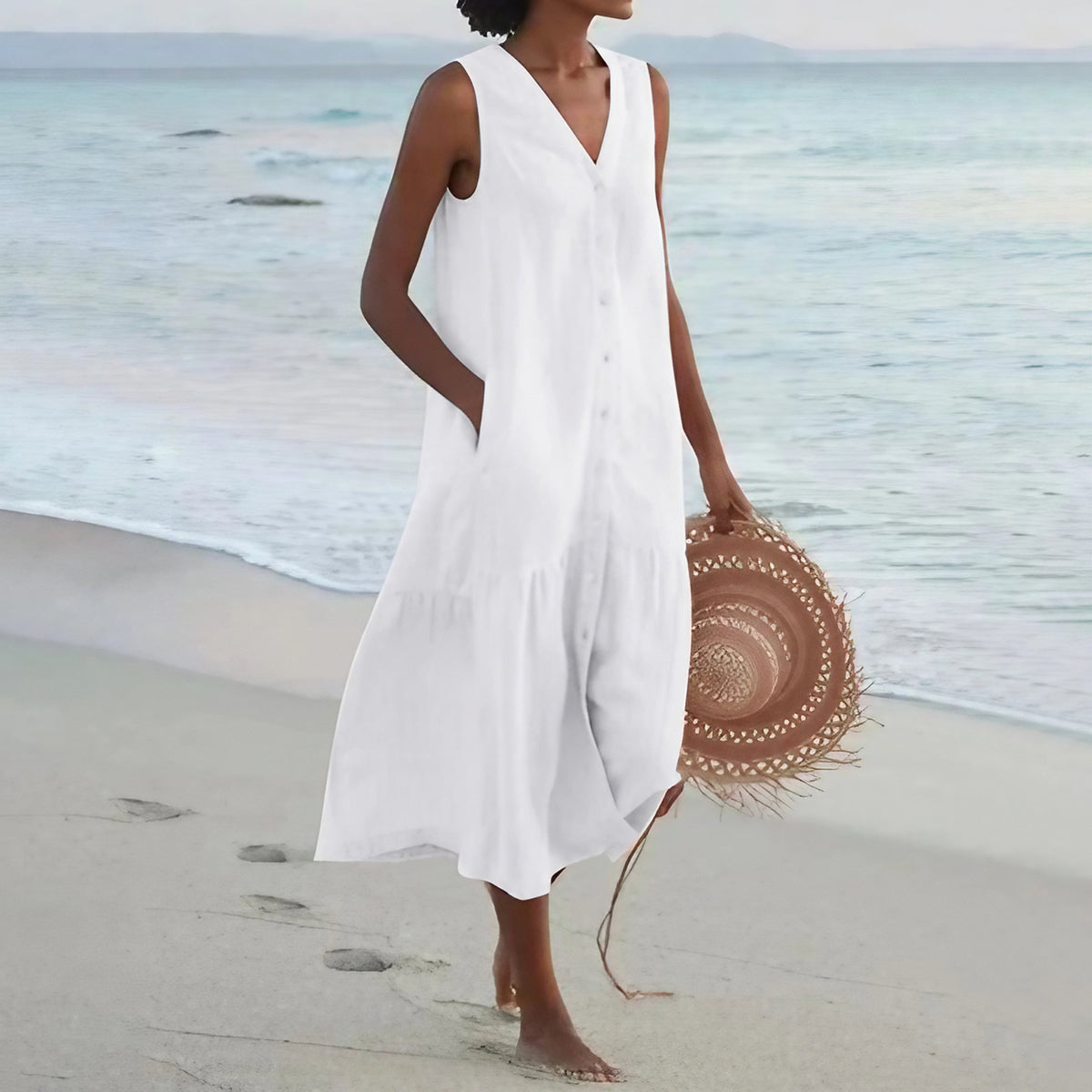 Robe longue d'été femme col V, ajustée au buste puis évasée, blanc