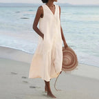 Robe longue d'été femme col V, ajustée au buste puis évasée, marron