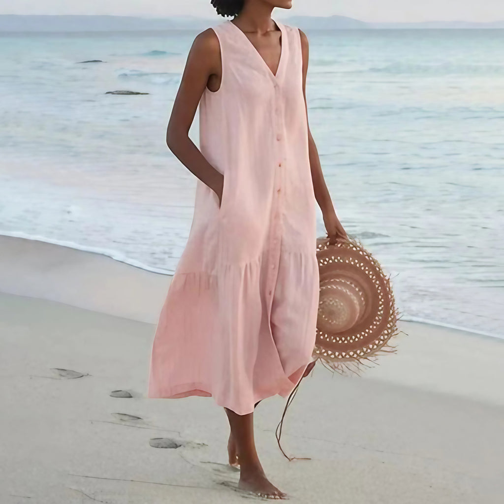 Robe longue d'été femme col V, ajustée au buste puis évasée, rose