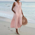 Robe longue d'été femme col V, ajustée au buste puis évasée, rose