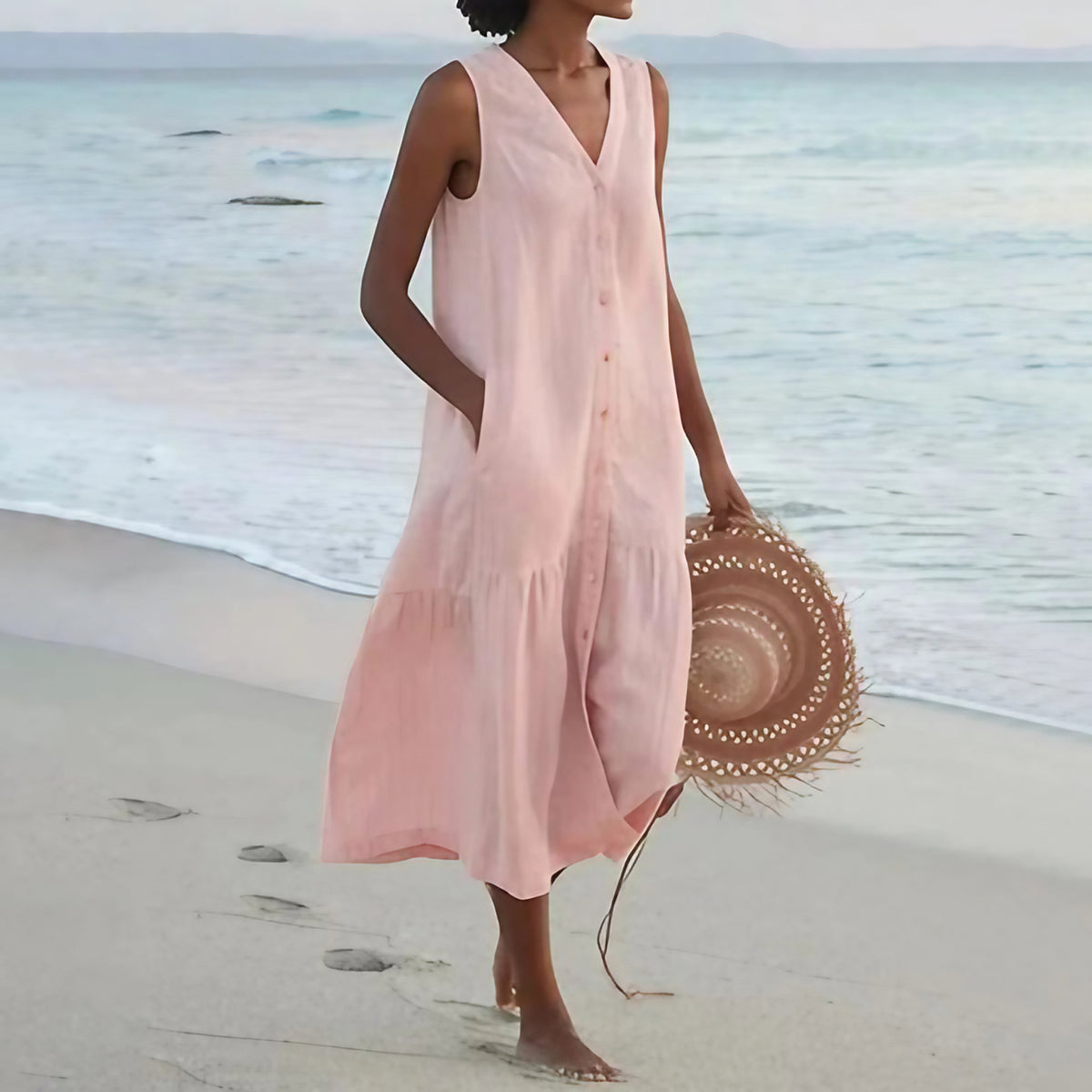 Robe longue d'été femme col V, ajustée au buste puis évasée, rose