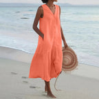 Robe longue d'été femme col V, ajustée au buste puis évasée, orange