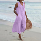 Robe longue d'été femme col V, ajustée au buste puis évasée, lilas