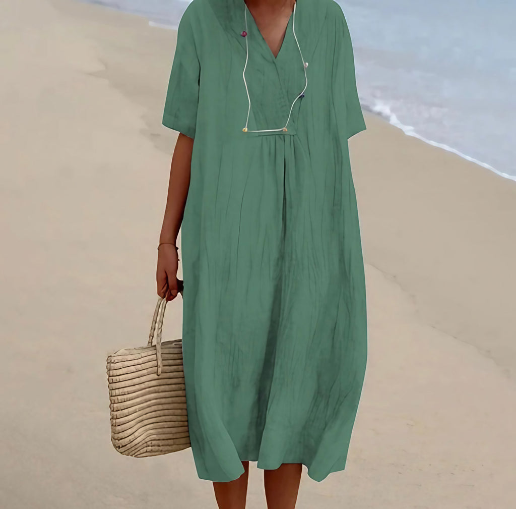 Robe cintrée femme à manches courtes, six coloris, vert foncé