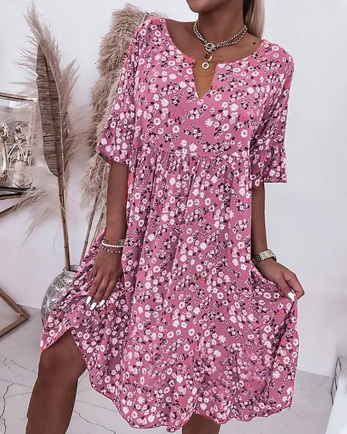 Robe d'été fleurie femme, coupe fluide, du XS au 3XL, rose