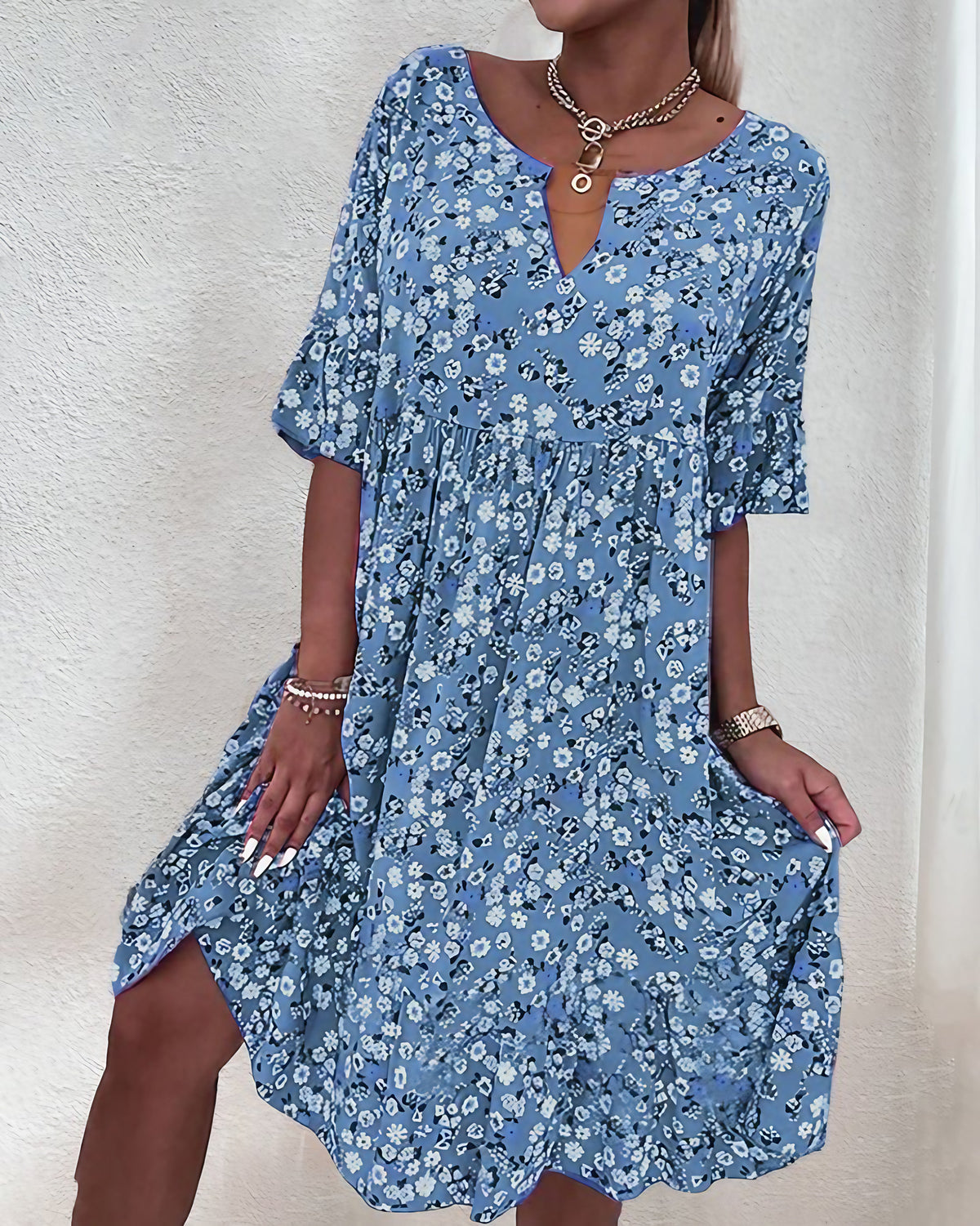 Robe d'été fleurie femme, coupe fluide, du XS au 3XL, bleu