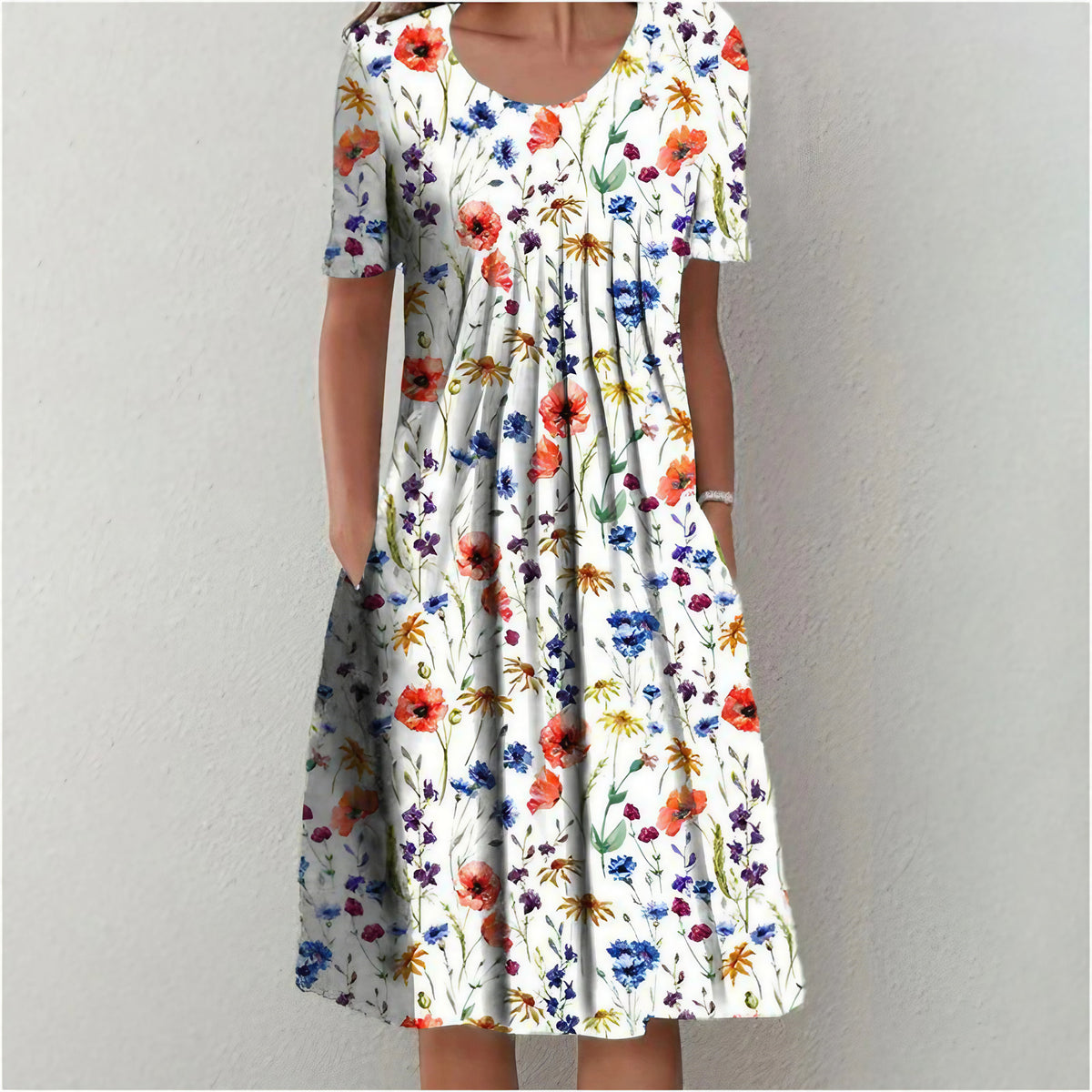 Robe d'été femme évasée à poches, imprimé fleuri ou à pois, blanc et rouge