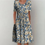 Robe d'été femme évasée à poches, imprimé fleuri ou à pois, bleu clair