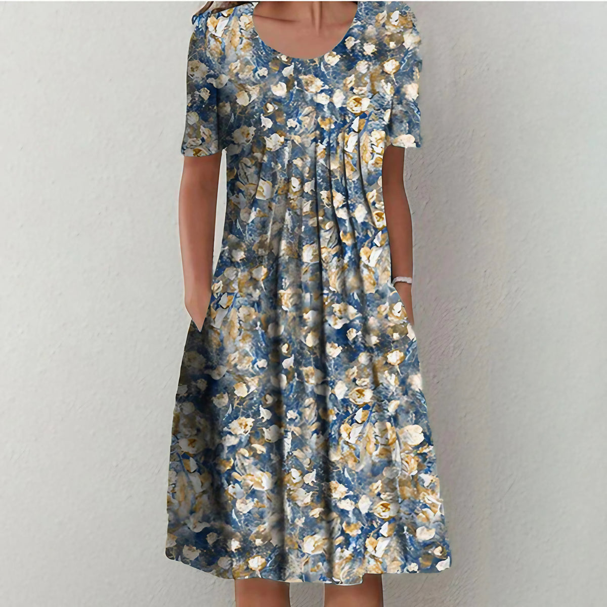 Robe d'été femme évasée à poches, imprimé fleuri ou à pois, bleu clair
