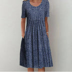 Robe d'été femme évasée à poches, imprimé fleuri ou à pois, bleu à pois