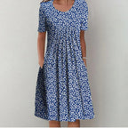 Robe d'été femme évasée à poches, imprimé fleuri ou à pois, bleu fleuri