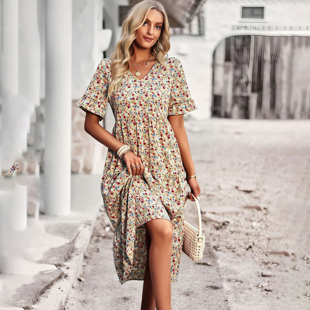 Robe d'été fleurie femme à manches courtes, cinq coloris, abricot