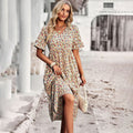Robe d'été fleurie femme à manches courtes, cinq coloris, abricot