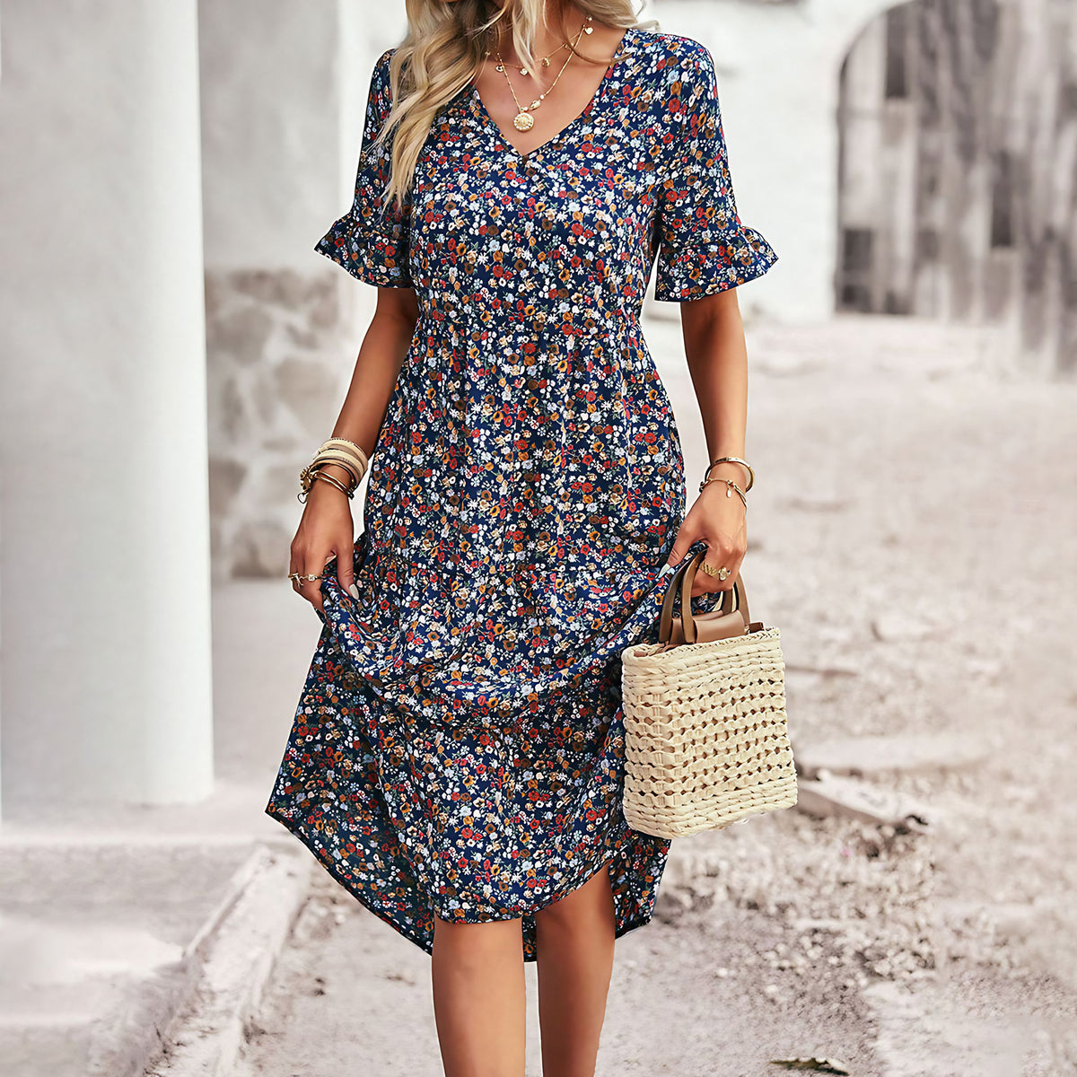 Robe d'été fleurie femme à manches courtes, cinq coloris, bleu