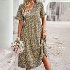 Robe d'été fleurie femme à manches courtes, cinq coloris, vert