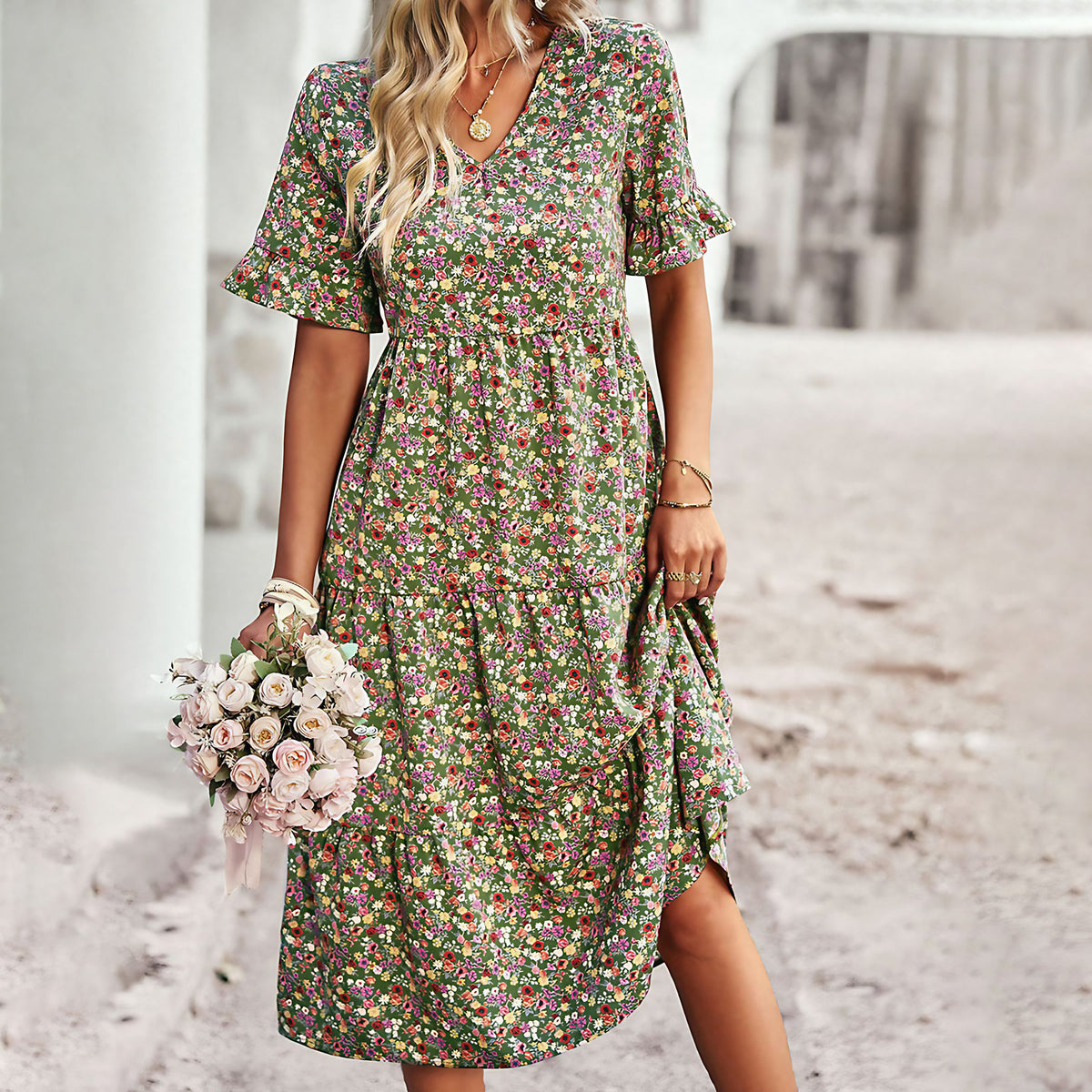 Robe d'été fleurie femme à manches courtes, cinq coloris, vert