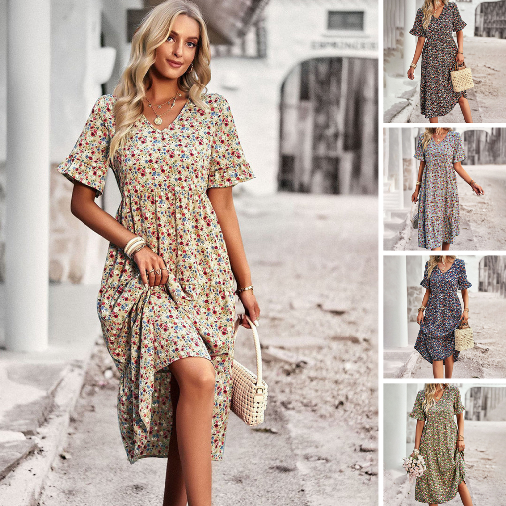 Robe d'été fleurie femme à manches courtes, cinq coloris