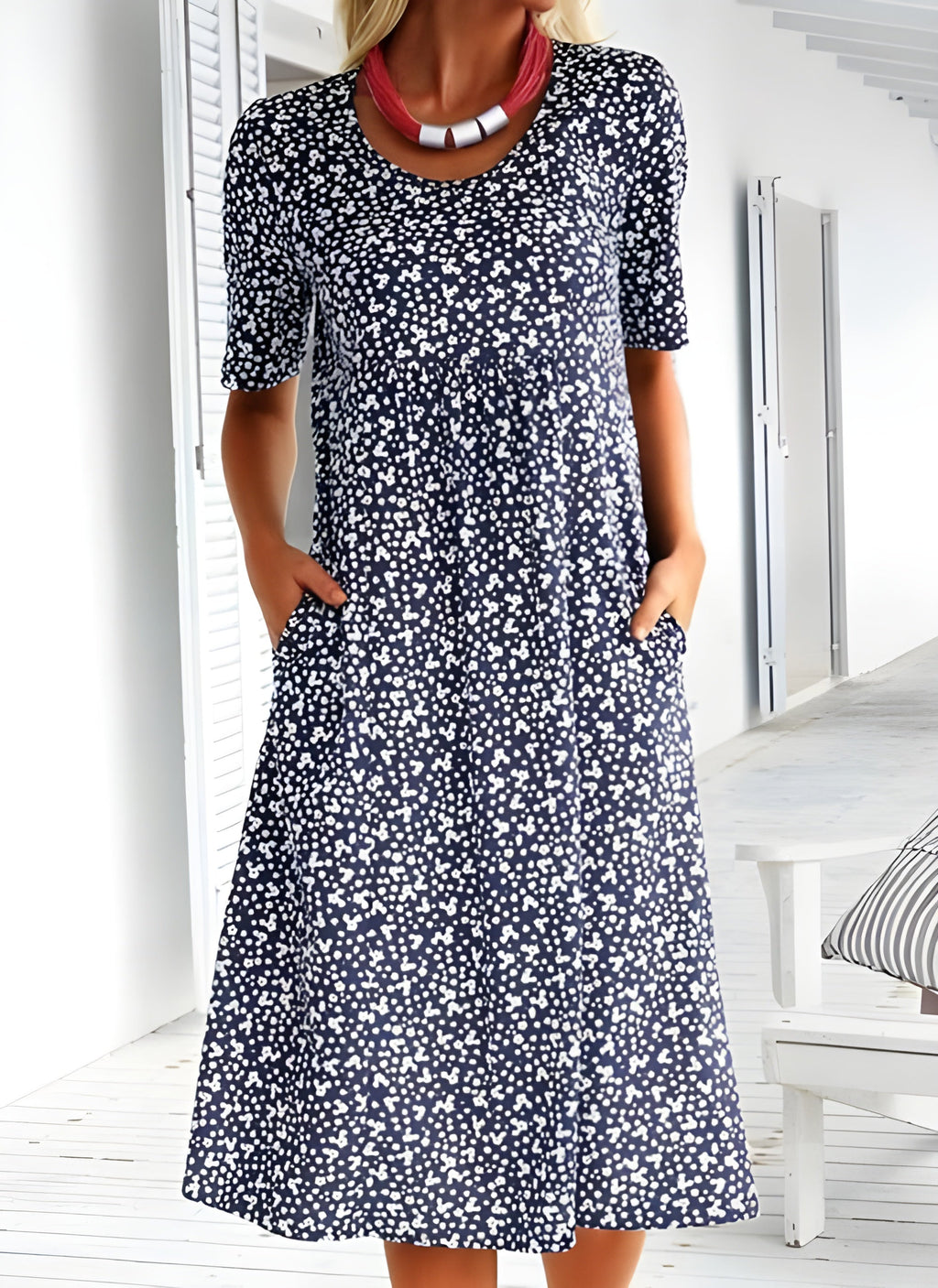 Robe d'été fluide femme à manches courtes, huit coloris, bleu foncé
