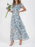 Robe d'été femme col V, jupe trapèze, manches courtes, bleu