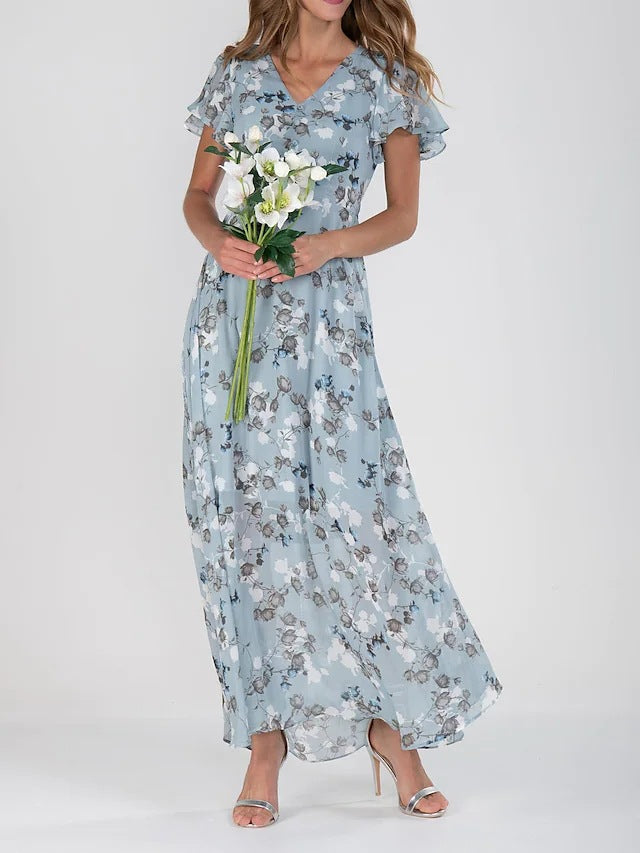 Robe d'été femme col V, jupe trapèze, manches courtes